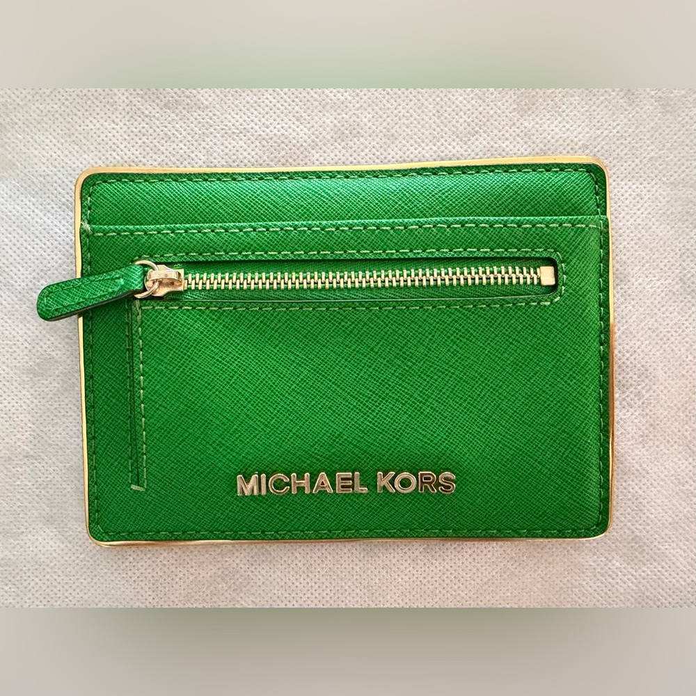 Michael Kors Kelly Green Leather Card Case with Gold Trim